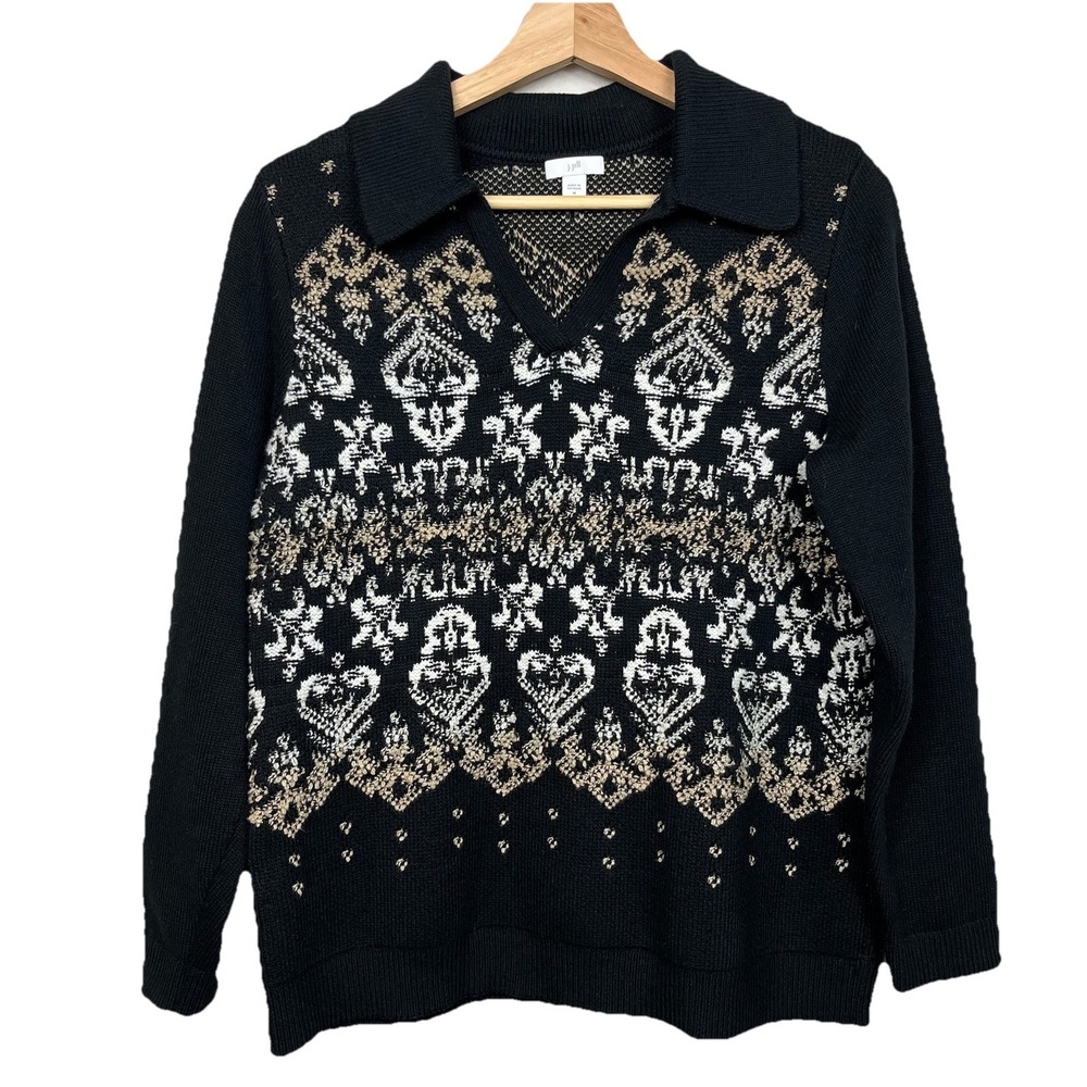 J.Jill Long  Sleeve VNeck Sweater Size Medium Black Tan Dark‎ Academia Boho Chic